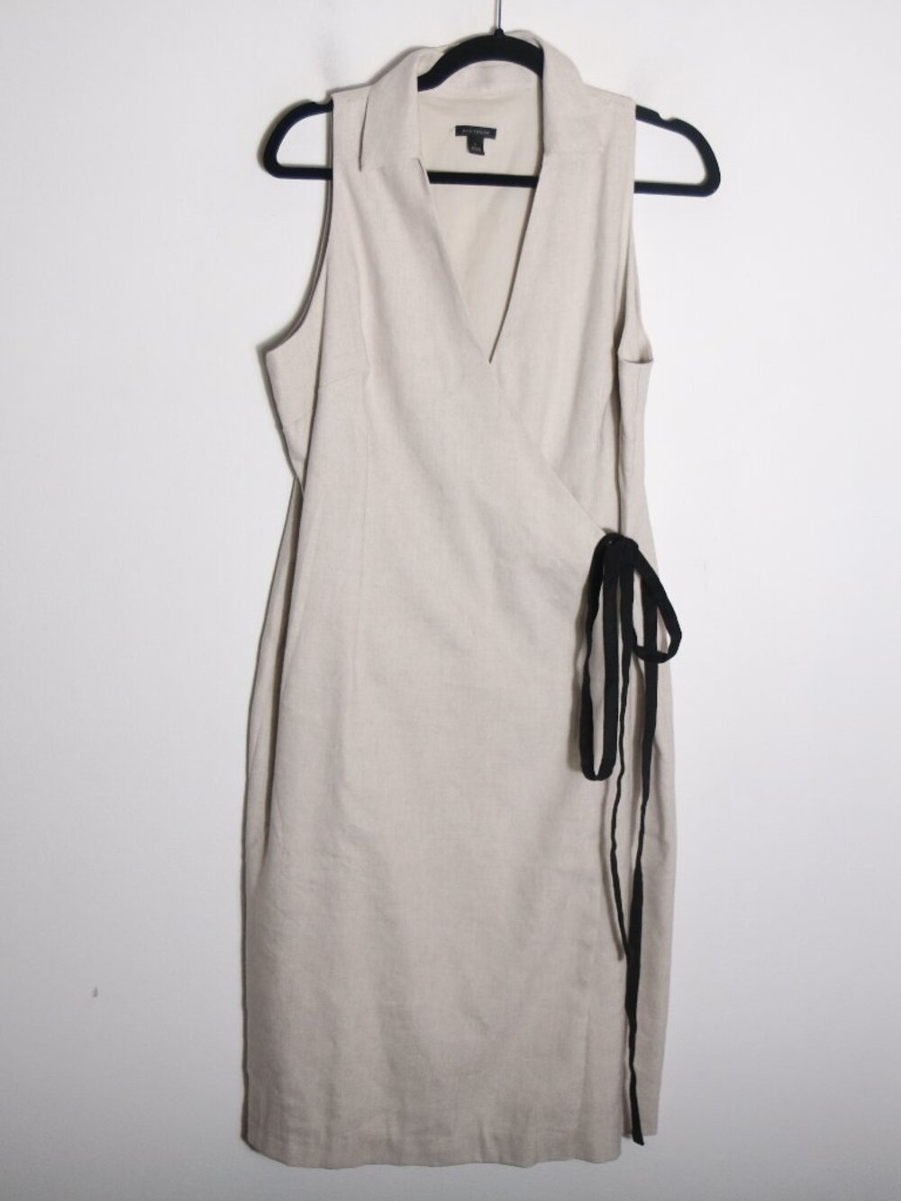 Ann Taylor Linen Sleeveless Wrap Dress Large Pearl Shadow Beige Knee Length